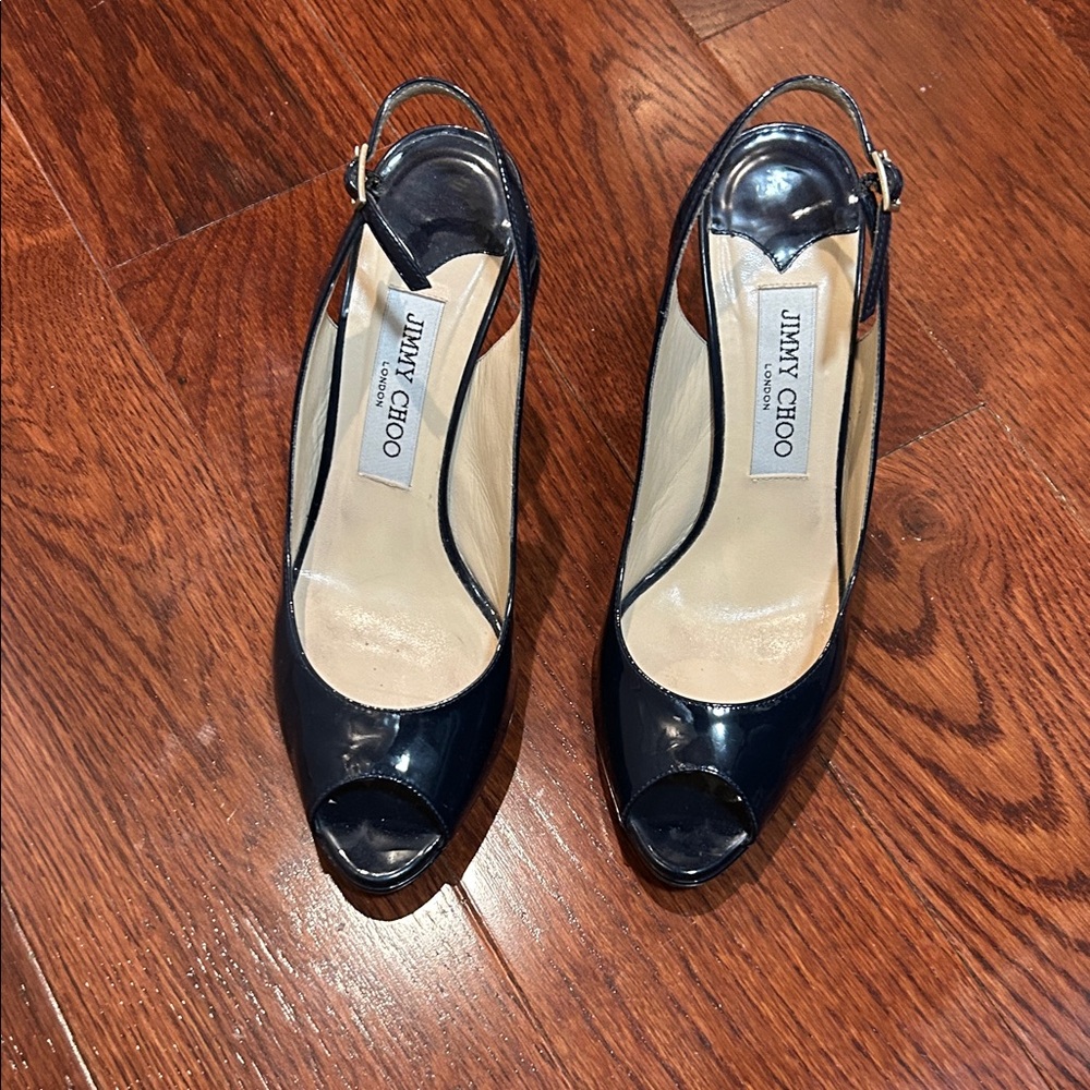 Jimmy Choo Navy Patent peep toe pumps